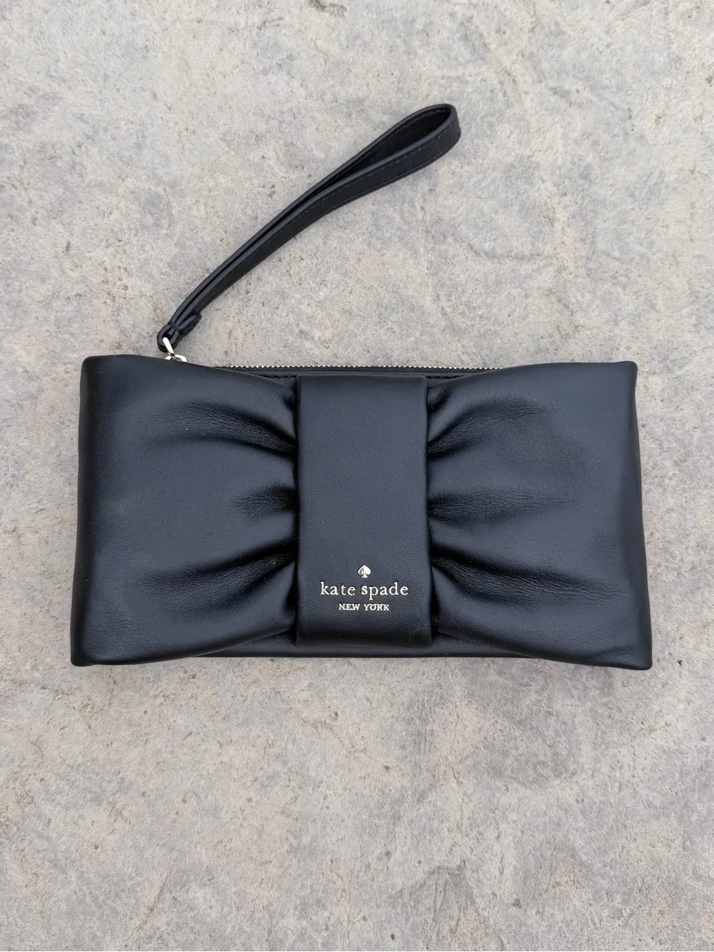 Kate Spade New York Black Leather Bow Wristlet Clutch Purse